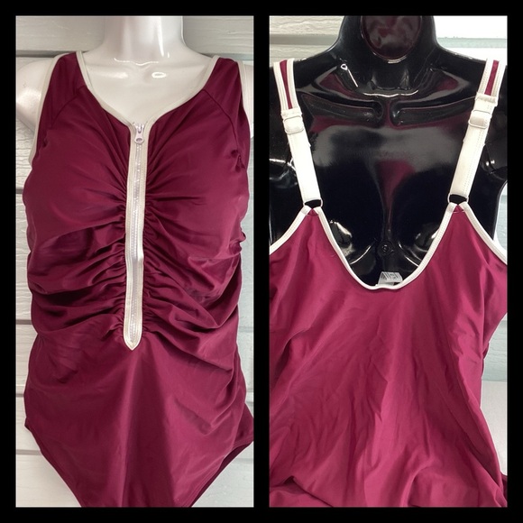 Burgundy and white zipper front one piece swimsuit. 5 - Picture 6 of 6